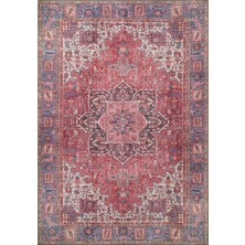 Pera Halı Solgun Kırmızı ve Mavi Medalyonlu Vintage Pers Halısı - Outlet - T0246YOU