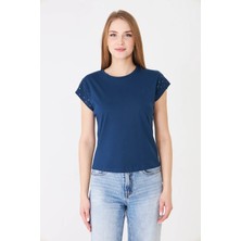 Sortie Collection Kadın Taş Detay Düşük Kol Rahat Kalıp Basic Tshirt Indigo