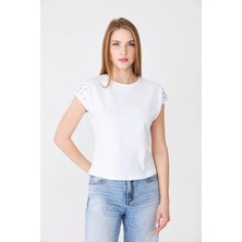 Sortie Collection Kadın Taş Detay Düşük Kol Rahat Kalıp Basic Tshirt Ekru