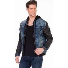 Cipo & Baxx C-1290 Deri Kollu Kapşonlu Denim Ceket