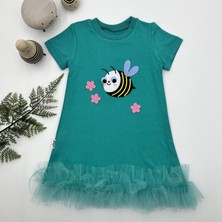 Baby Najmaddin 1-2-3 Yaş Arıcık Nakışlı Eteği Fırfırlı Jile Kız Çocuk Elbisesi Turkuaz N