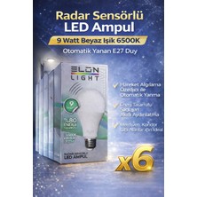 Bezo Najmaddin Radar Sensörlü LED Ampul 9 Watt Beyaz Işık 6500K Otomatik Yanan E27 Duy 6 Adet Na
