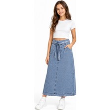 İrem Çocuk Giyim Kız Çocuk Beli Lastikli Kuşaklı Pileli Model Cepli Uzun Boy Kot Etek