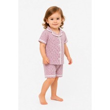 Dinamik çocuk Kız Çocuk Kalp Desenli Pijama Takımı Yazlık Kısa Kollu Şortlu Alt Üst 2li Takım Pamuklu Düğmeli Rahat 6-24AYLIK