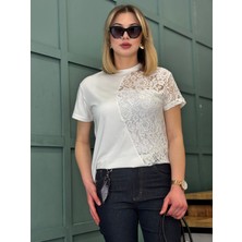 Dörtelle Kadın Dantel Detaylı Bisiklet Yaka T-Shirt