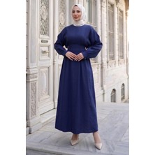 Hafsa Mina Beli Lastikli Yandan Tokalı Pensli Modal Elbise Lacivert HM2909