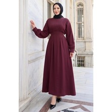 Hafsa Mina Beli Lastikli Yandan Tokalı Pensli Modal Elbise Bordo HM2909