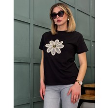 Dörtelle Kadın Dantel Detaylı Bisiklet Yaka T-Shirt