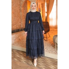 İmaj Butik Lacivert Eteği Katlı Şifon Elbise
