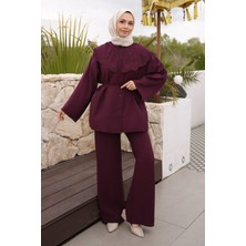 İmaj Butik Mürdüm Yaka Nakışlı Tunik Pantolonlu Takım