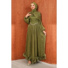 İmaj Butik Haki Omuz Detaylı Eteği Fırfırlı Abiye