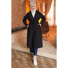 İmaj Butik Siyah Kruvaze Yaka  Kuşaklı Trençkot