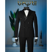 Beystil Erkek Siyah Saten Yakalı Kruvaze Damatlık ve Smokin Takım - Slim Fit