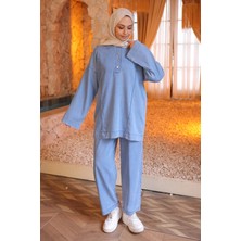 İmaj Butik Mavi Yaka Düğmeli Tunik Pantolonlu Takım