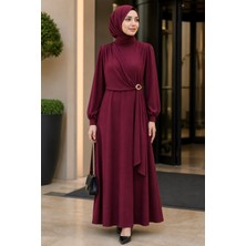 İmaj Butik Mürdüm Yan Bağlamalı Tokalı Elbise