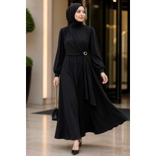 İmaj Butik Siyah Yan Bağlamalı Tokalı Elbise