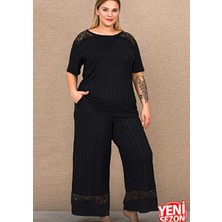 Lady Büyük Beden Siyah Omuzlar ve Paça Dantelli Kısa Kollu Uzun Pijama Takımı 10994