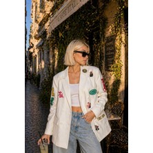 İbeeka Patch Detaylı Oversize Blazer Ceket Beyaz Çift Düğmeli Street Style - Beyaz - L - ST01125-BEYAZ-L