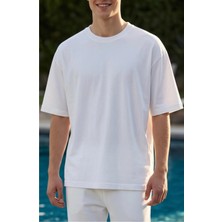 Etifa Tekstil Oversize Tişört Unisex %100 Pamuk 200 gr Kalın Kumaş Basic Bol Kesim T Shirt Beyaz