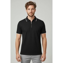 Sabri Özel Erkek Siyah Normal Kesim Regular Fit %100 Pamuk Pike Fermuarlı Polo Yaka Tişört