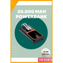İn3dex 20.000 Mah Dijital Ekranlı Powerbank 22.5W Hızlı Şarj Çoklu Kablo