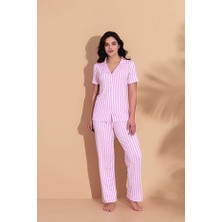 Kiss Me Pembe Çizgili Pamuk Karışımlı Yumuşak Kumaş Önden Düğmeli Gömlek Yaka Pijama Takımı