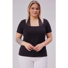 Curvy Trend Büyük Beden Dantel Bağlamalı Kısa Kol Bluz