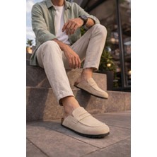JY0456 Rayn Bağcıksız Hakiki Süet Deri Erkek Günlük Mantar Taban Loafer Klasik Ayakkabı Hdmt - Krem