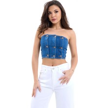 Balva Konsept Kot  Straplez Crop Top - Büstiyer  - Mavi (% 100 Pamuklu Anti Alerjen Denim Kumaş)