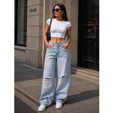 İbeeka Super Baggy Yırtık ve Bel Detaylı Açık Mavi Premium Kot Pantolon - Mavi - 36 - ST01218-MAVİ-36