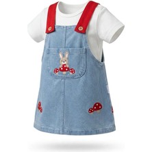 Mutlu Bebe Bulvar Kız Bebek %100 Pamuklu Kot Jile Elbise & Tişört Takım Tavşan Nakışlı Askılı Jean Elbise 2’li Set