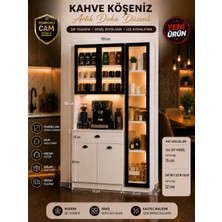 Bayramoğlu Mobilya Çekmeceli Kapaklı Kahve Köşesi Dolabı LED Işıklı Temperli Camlı Çok Amaçlı Dolap