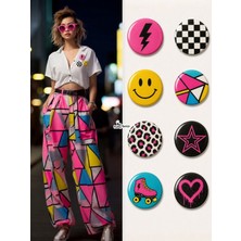 Punky Store 8’li Set-2 Renkli Pop Art Rozet Seti 44 mm – Smiley, Yıldız, Kalp, Paten ve Desenli Yaka Çanta Rozeti