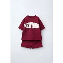 Magu Çocuk Pamuklu Bordo New York Yazı Aplikeli T-Shirt Şort Takım