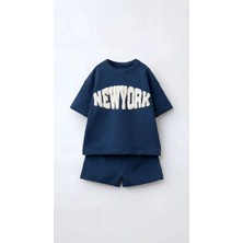 Magu Erkek Çocuk Pamuklu Mavi New York Yazı Aplikeli T-Shirt Şort Takım