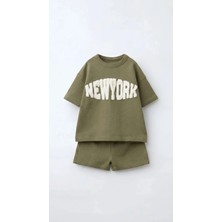 Magu Erkek Çocuk Pamuklu Yeşil New York Yazı Aplikeli T-Shirt Şort Takım