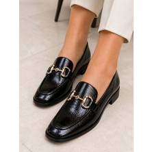 Ayakcity Mona Garantili Metal Tokalı Deri Kadın Loafer Günlük Ayakkabı - Siyah Rugan - 39