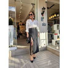 Cs Chic Shop Yırtmaçlı Kendinden Dantel Detaylı Tok Dokulu Siyah Etek