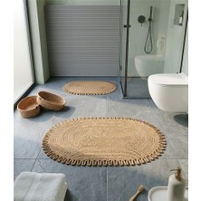 Senza Atelier Bohem Lüks Hasır Banyo Seti - Jüt Örgü Kaymaz Paspas ve Saklama Sepeti - 4 Parça Banyo Aksesuar Seti
