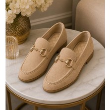 Ayakcity Mona Garantili Metal Tokalı Deri Kadın Loafer Günlük Ayakkabı - Taba Süet - 40