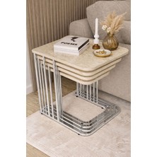Benice Lina Series Traverten Metal Krom Tekerlekli 4'lü Zigon Sehpa