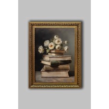 Efsa Sanat Tasarım Çiçekli Kitaplar - Vintage Çerçeveli Tablo - Klasik Duvar Dekoru - Kitaplı Tablo - Vintage Çerçeve - Salon Tablosu - Klasik Tablo Çerçeve