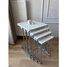 Benice Home Lina Series Beyaz Metal Krom Tekerlekli 4'lü Zigon Sehpa