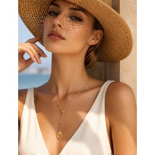 Solare Accessories Doğal Sitrin Taşlı Altın Kaplama Zincir Kolye (Hipoalerjik)