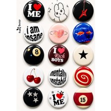 Punky Store Trend-16 | 44 mm Pvc Kaplı Rozet Seti Siyah Kırmızı Aesthetic Y2K Pop Art Çanta Ceket Aksesuarı | 15 Adet