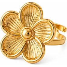 Nergis Collection Kadın Gold Çelik Çiçek Yüzük | Ayarlanabilir Büyük Form Şık Statement Yüzük