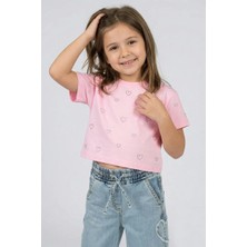 Dmb Boys & Girls Kız Çocuk Crop Taşlı Kalp Desenli Tshirt Pembe 4-9 Yaş