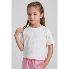 Dmb Boys & Girls Kız Çocuk Crop Taşlı Kalp Desenli Tshirt Ekru 4- 9 Yaş