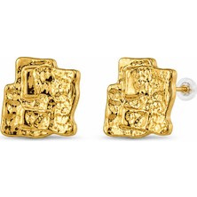 Nergis Collection Kadın Gold Dokulu Kare Küpe – Modern Şık Çelik Küpe