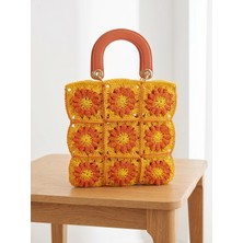 Meya Design Retro Çiçek Motifli El Örgüsü Kadın El Çantası - Turuncu/sarı (35X33 Cm)